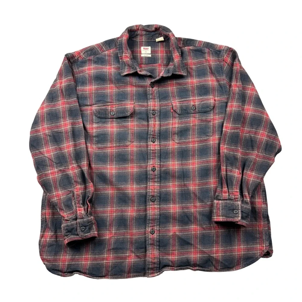 Levis Mens XXL Relaxed Fit Plaid Flannel Button Down Shirt Red Navy Black Cotton